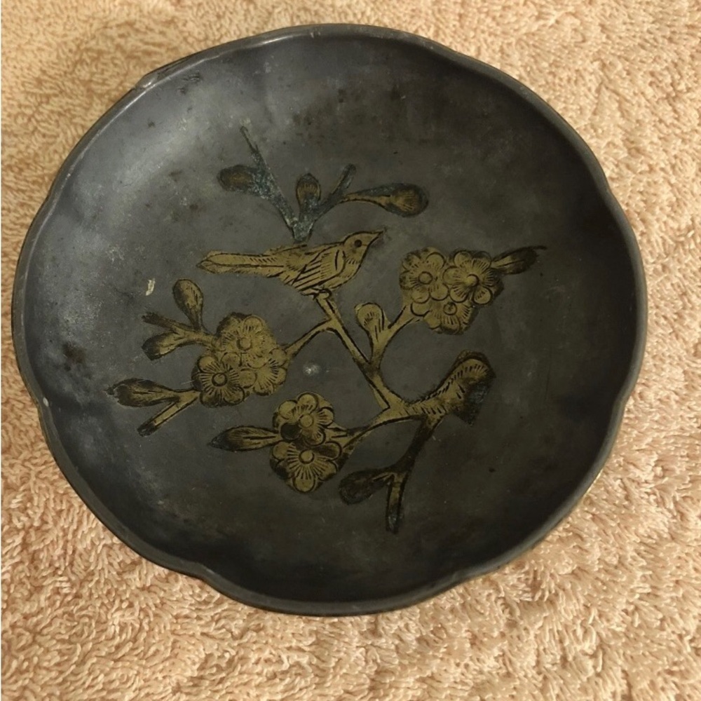 Vintage Small Pewter Ashtray With Gold Accent Bird & Flowers 4” Round